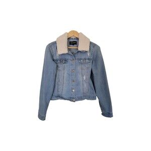 Beta House Denim Jean Jacket Women L Blue Removable Fleece Collar Distressed